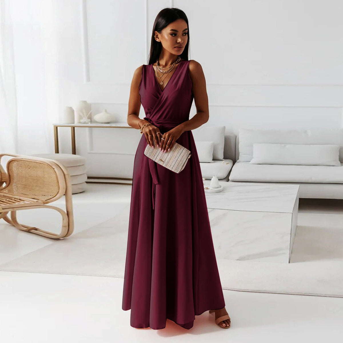 Women's Casual Summer Solid Color Lace-Up V-Neck Sleeveless Long Dress