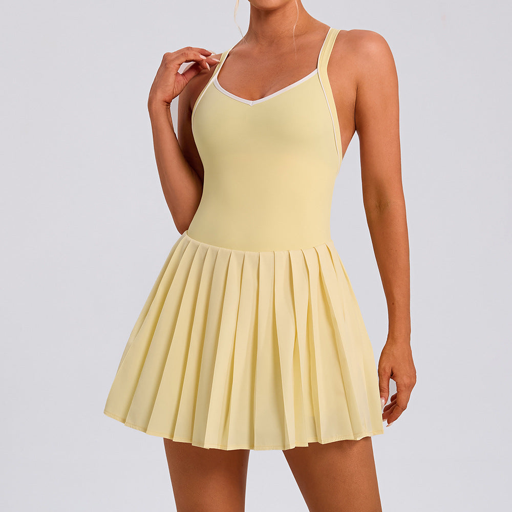 Women's Backless Contrast Color Pleated Quick-Drying Sports Dress