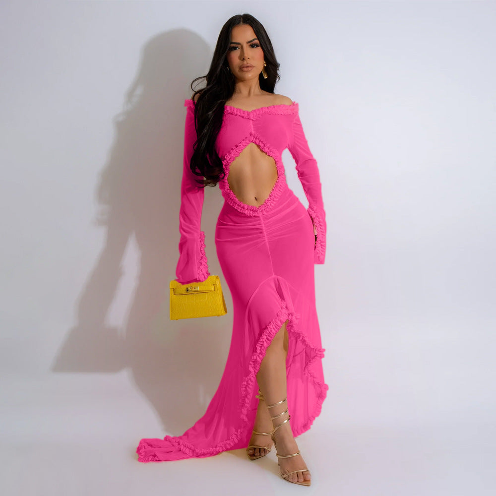 Women's Sexy V-Neck Solid Color Long Sleeve Off-Shoulder Wrap Hip Maxi Dress