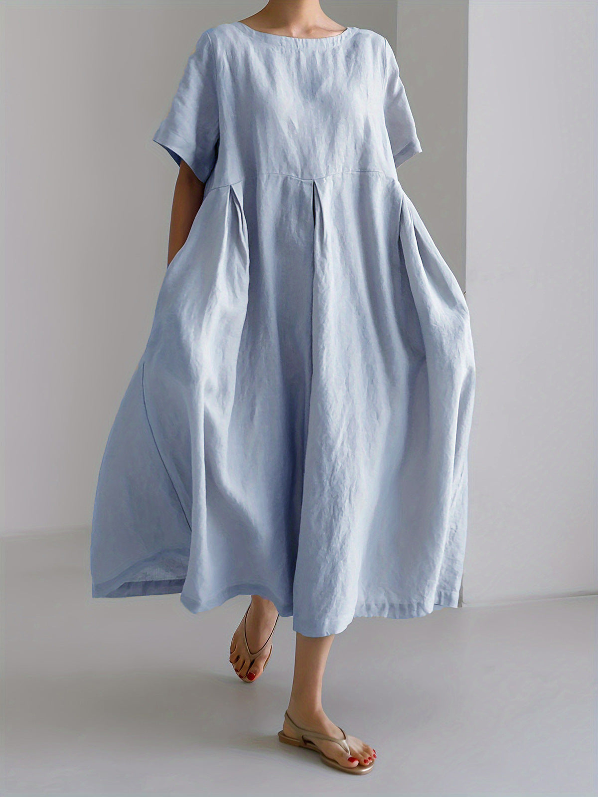 Women's Casual Solid Color Cotton and Linen Round Neck Short Sleeve Loose Dress