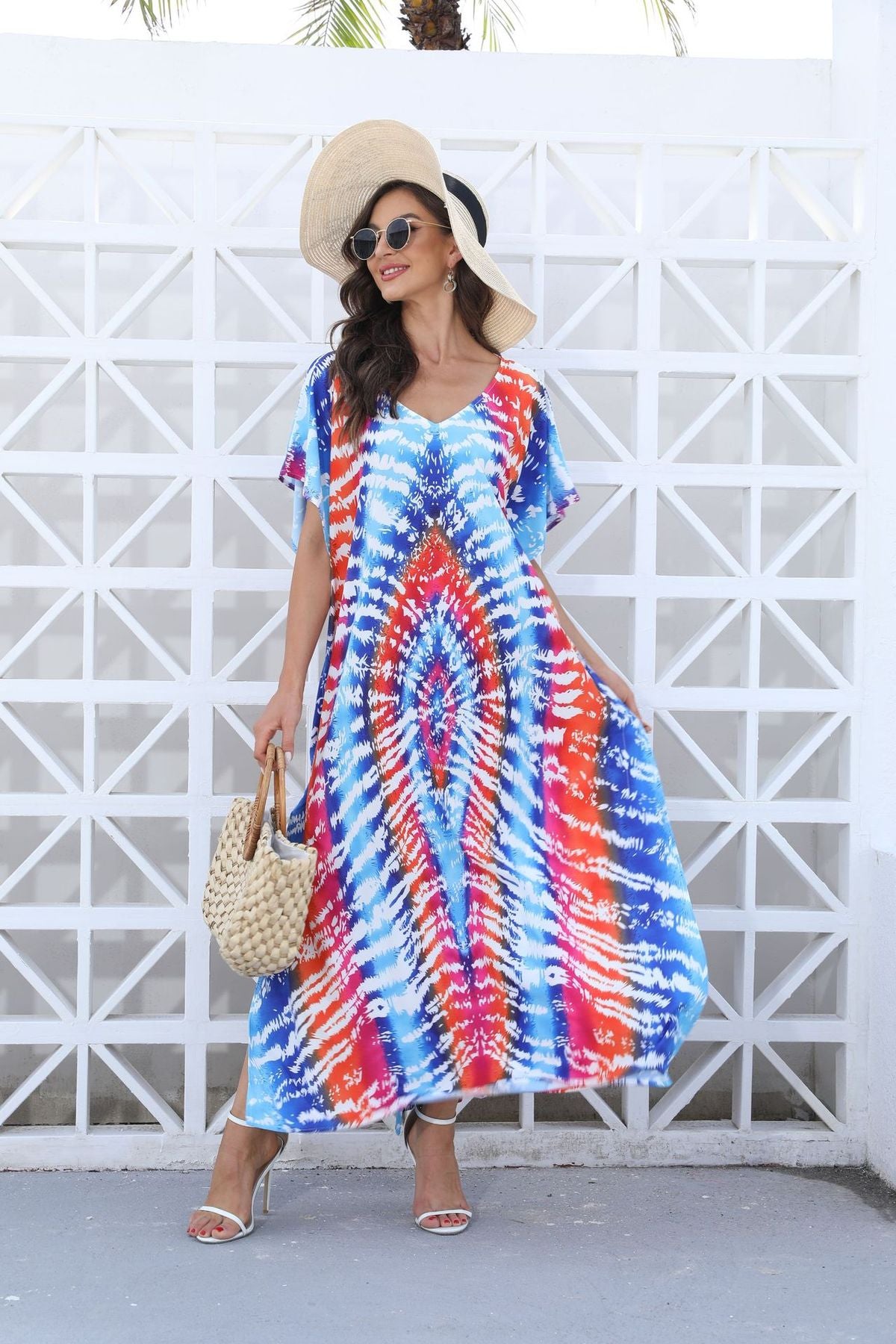 Women's Casual Tie-Dye Beach Short Sleeve Loose Swimsuit Cover-Ups