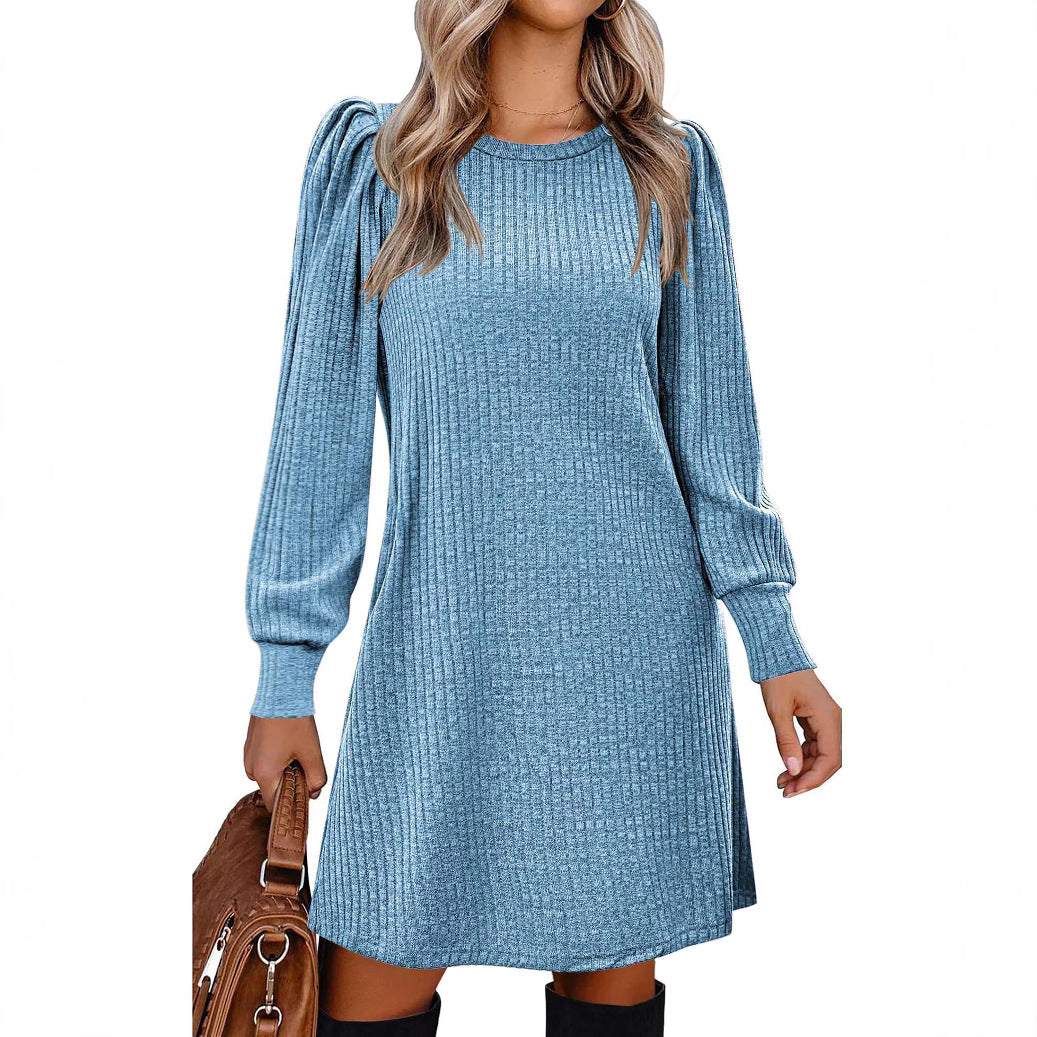 Women's Casual Autumn and Winter Sanding Pit Solid Color Puff Sleeve Loose Dress