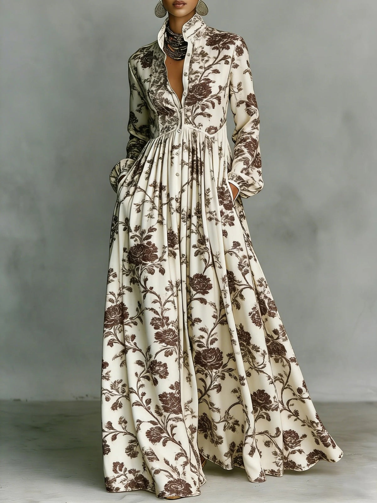 Women's Vacation Casual Elegant Printed Long Sleeve Single-Breasted Maxi Dress