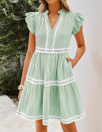 Women's Contrast Color Stripe Stitching V-Neck Lotus Leaf Sleeve A-Line Dress