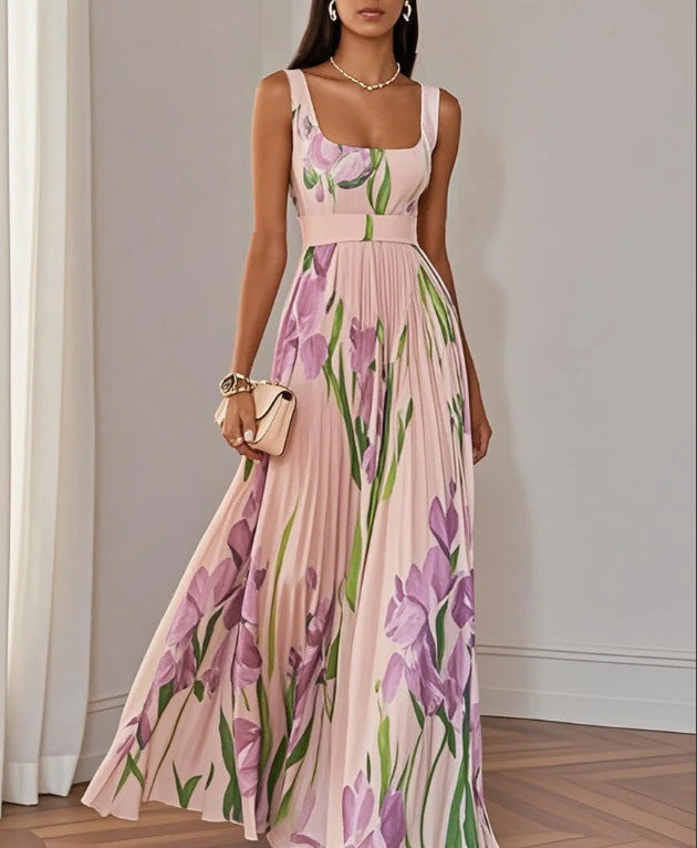 Women's Elegant Spring Flower Print Sleeveless Pleated Dress