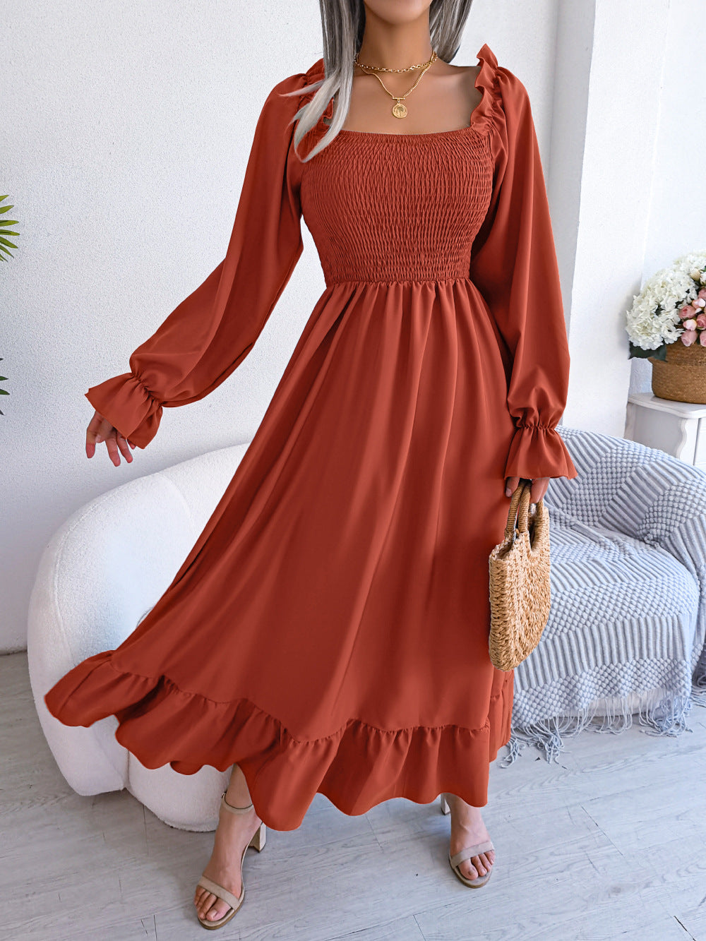 Women's Casual Square Collar Ruffled Maxi Dress