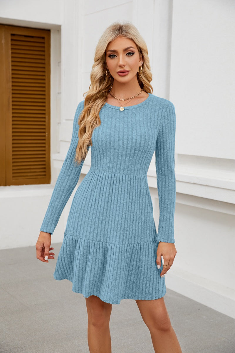 Women's Crewneck Pocket Casual Knee Length Long Sleeve Knitted A-Line Dress