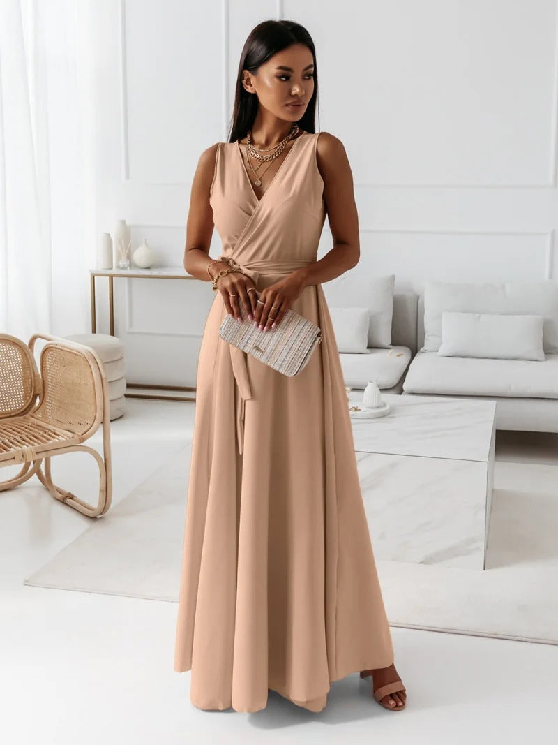 Women's Casual Summer Solid Color Lace-Up V-Neck Sleeveless Long Dress