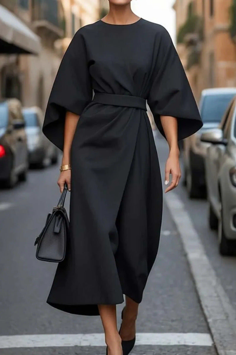 Women's Elegant Solid Color High Waist Bat Sleeve Dress