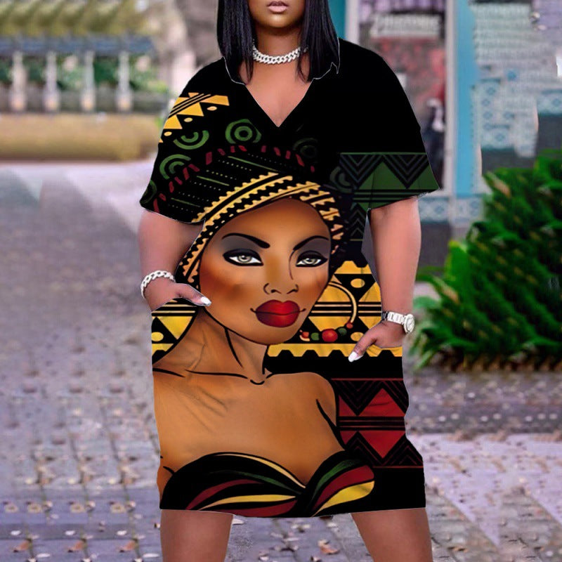Women's Multicolor Human Avatar Printed V-Neck Long Sleeve Mid-Length Dress