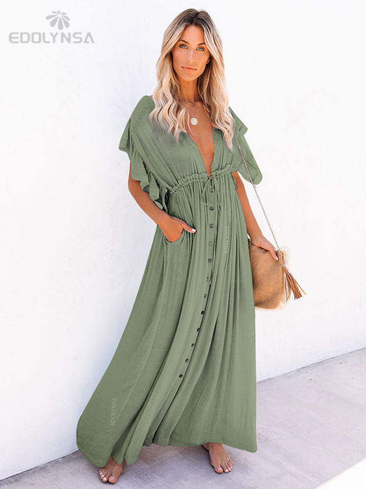 Sexy Deep V-Neck Butterfly Sleeve Self Belted High Waist Button Front Open Dress