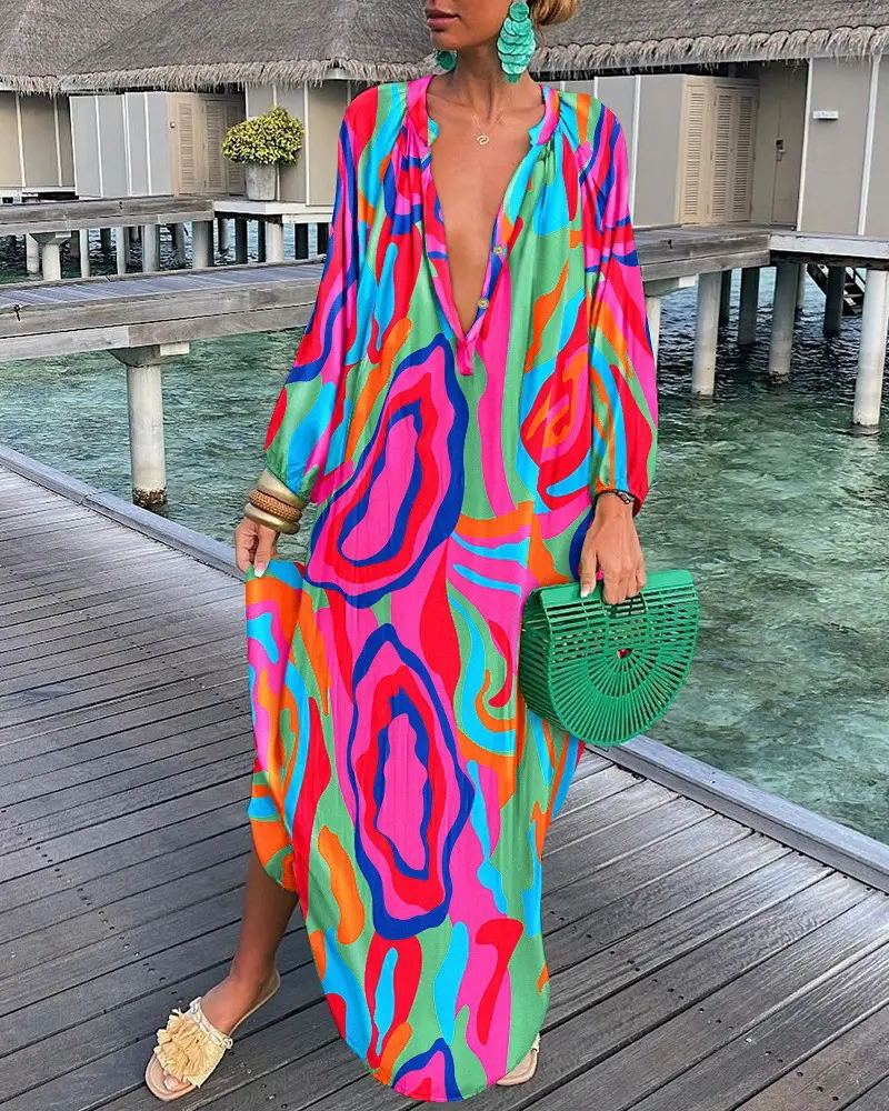 Women's Autumn Graphic Printed Pullover Long Sleeve V-Neck Loose Maxi Dress