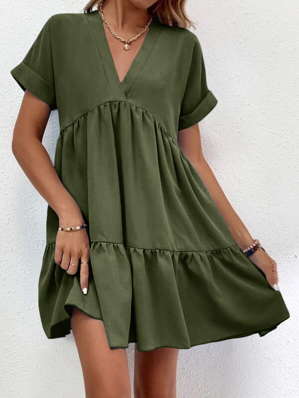 Women's Summer Casual V-Neck Short Sleeve Large Swing Dress