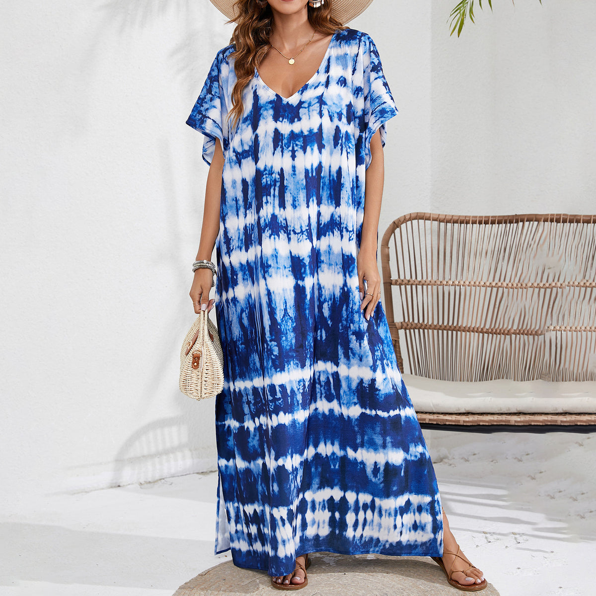 Women's Casual Tie-Dye Beach Short Sleeve Loose Swimsuit Cover-Ups
