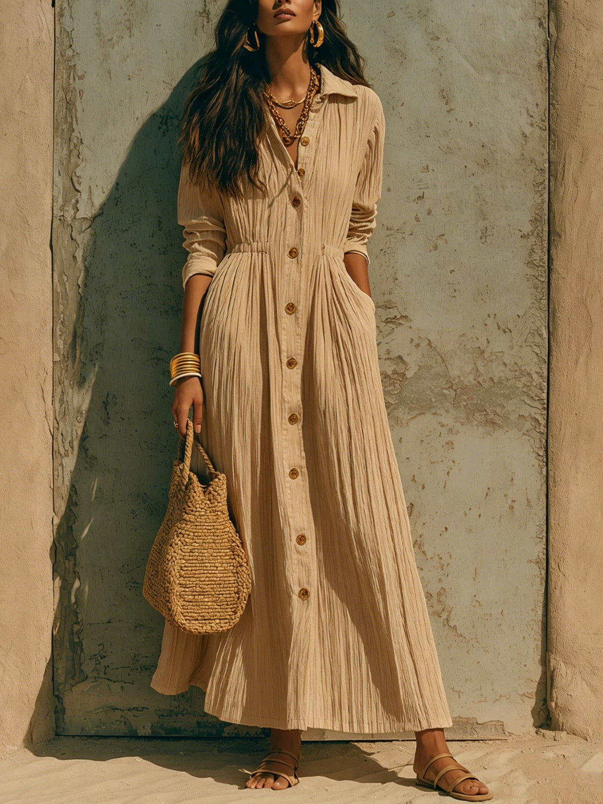 Women's Casual Solid Color Lapel Long Sleeve Single-Breasted Waisted Loose Dress
