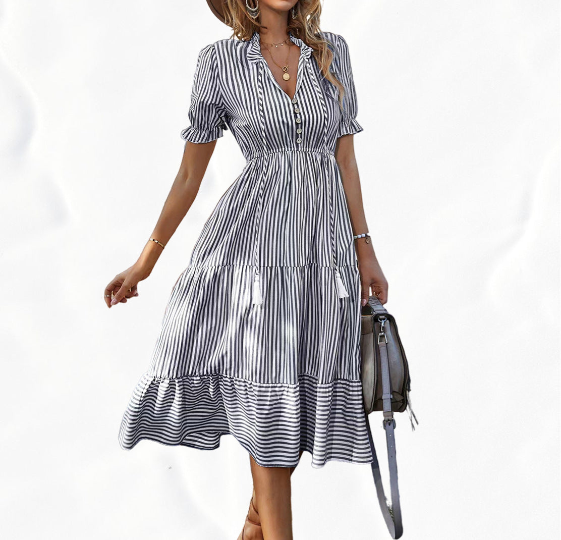 Women's Casual Stripe V-Neck Lantern Sleeve Elastic Waist Midi Dress