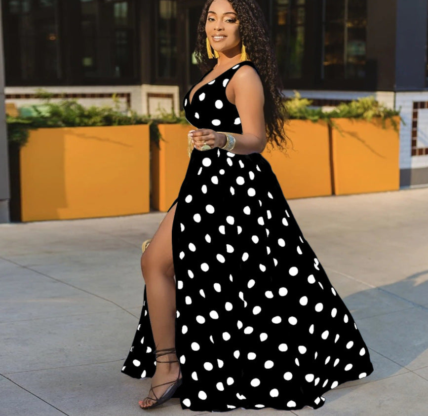Women's Polka Dot Printed Defined Waist Sexy Side-Slit Maxi Dress
