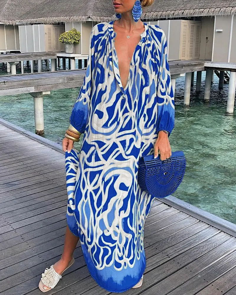 Women's Autumn Graphic Printed Pullover Long Sleeve V-Neck Loose Maxi Dress