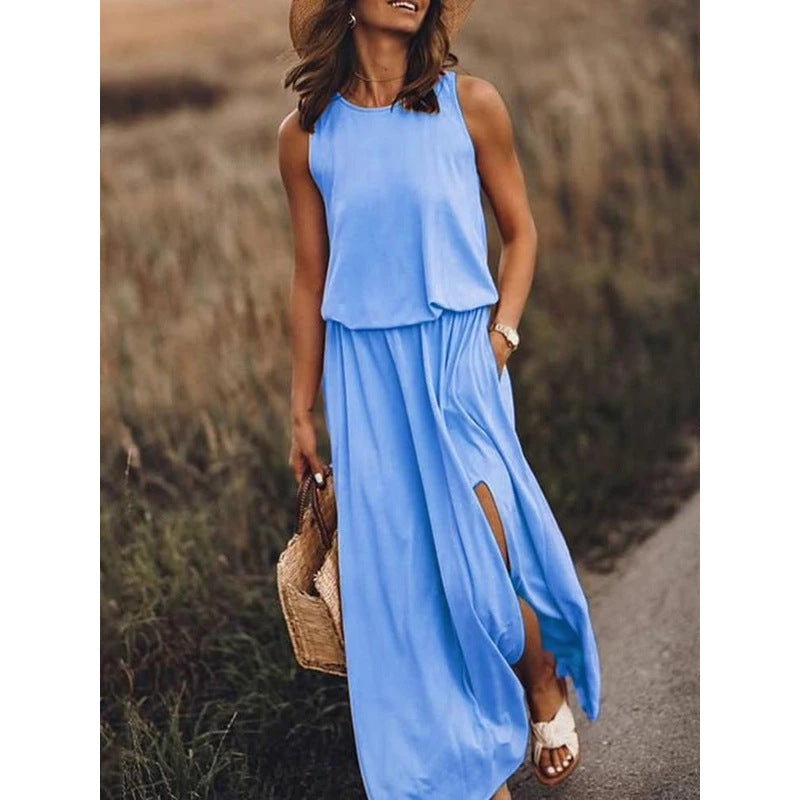 Women's Summer Casual Round Neck Sleeveless Side-Slit Solid Color Long Dress