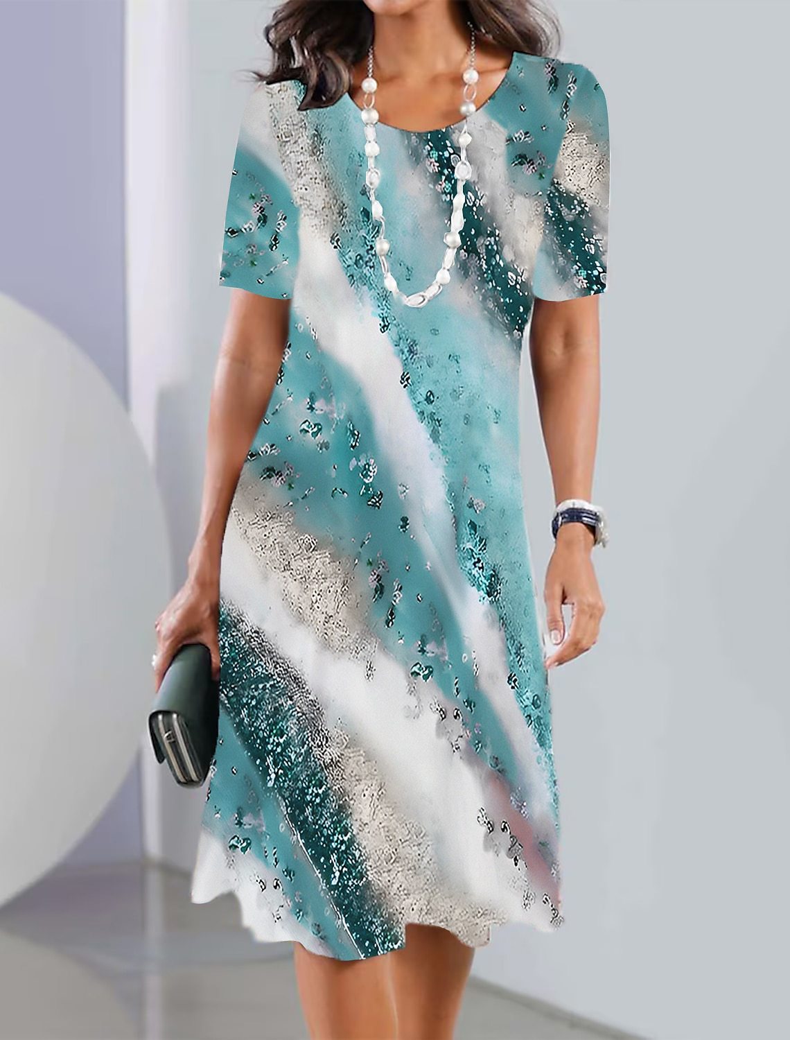 Women's Casual Geometric Print High Waist Midi Dress, Round Neck