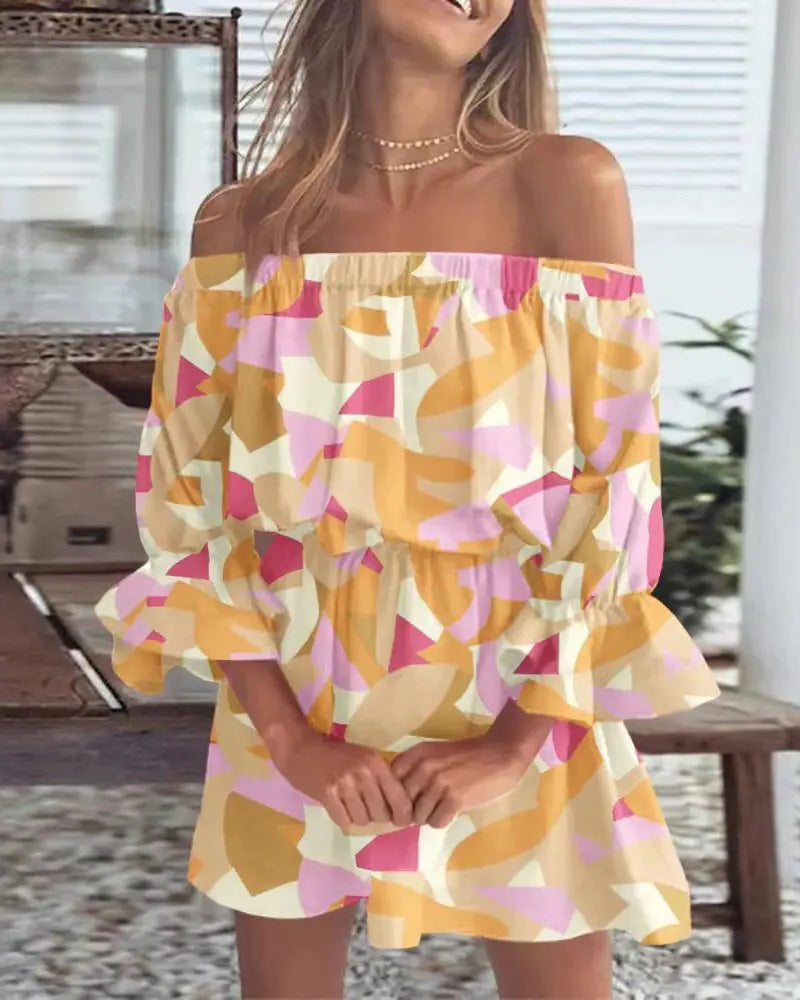 Women's Casual Loose Flower Print Off-Shoulder Long Sleeve Loose Dress