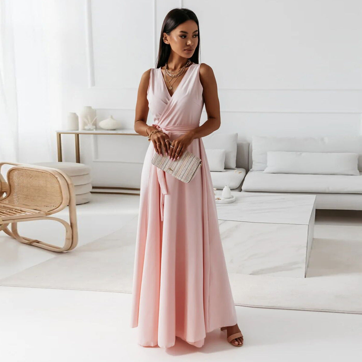 Women's Casual Summer Solid Color Lace-Up V-Neck Sleeveless Long Dress