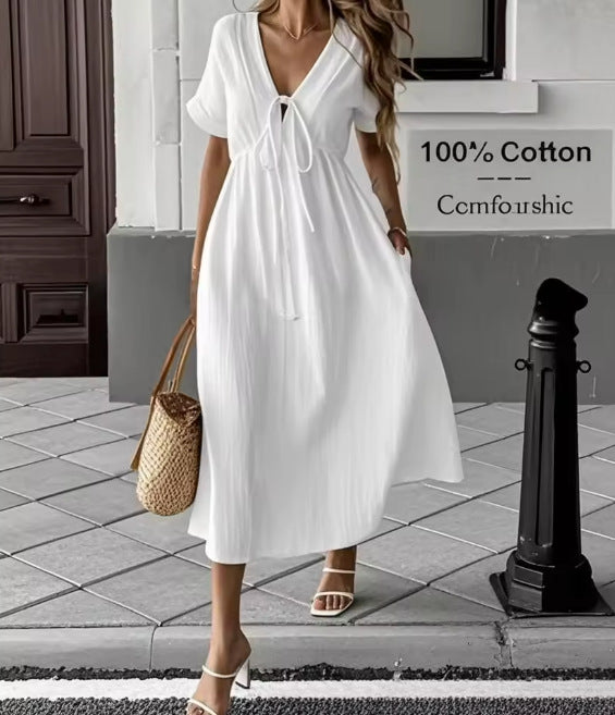 Women's Casual Summer Solid Color V-Neck Short Sleeve Loose A-Line Dress