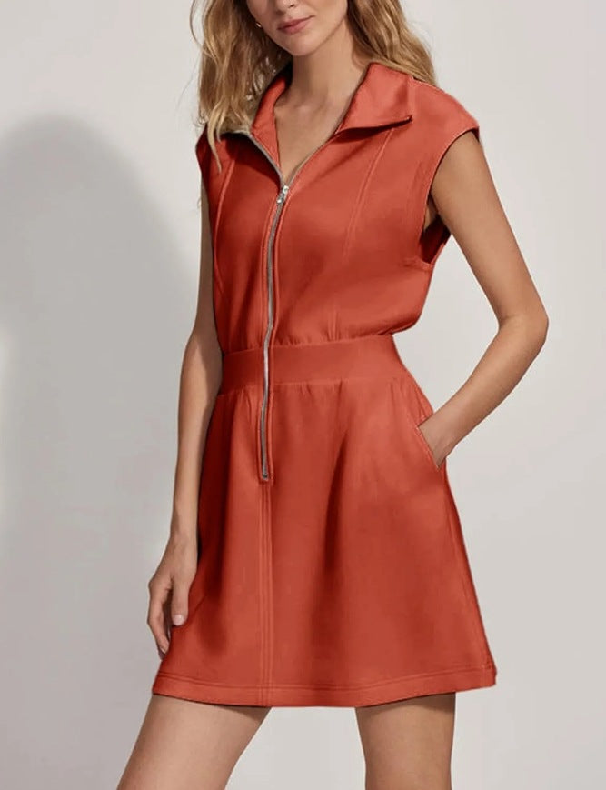 Women's Casual Solid Color Lapel Zipper Pocket Sleeveless Dress