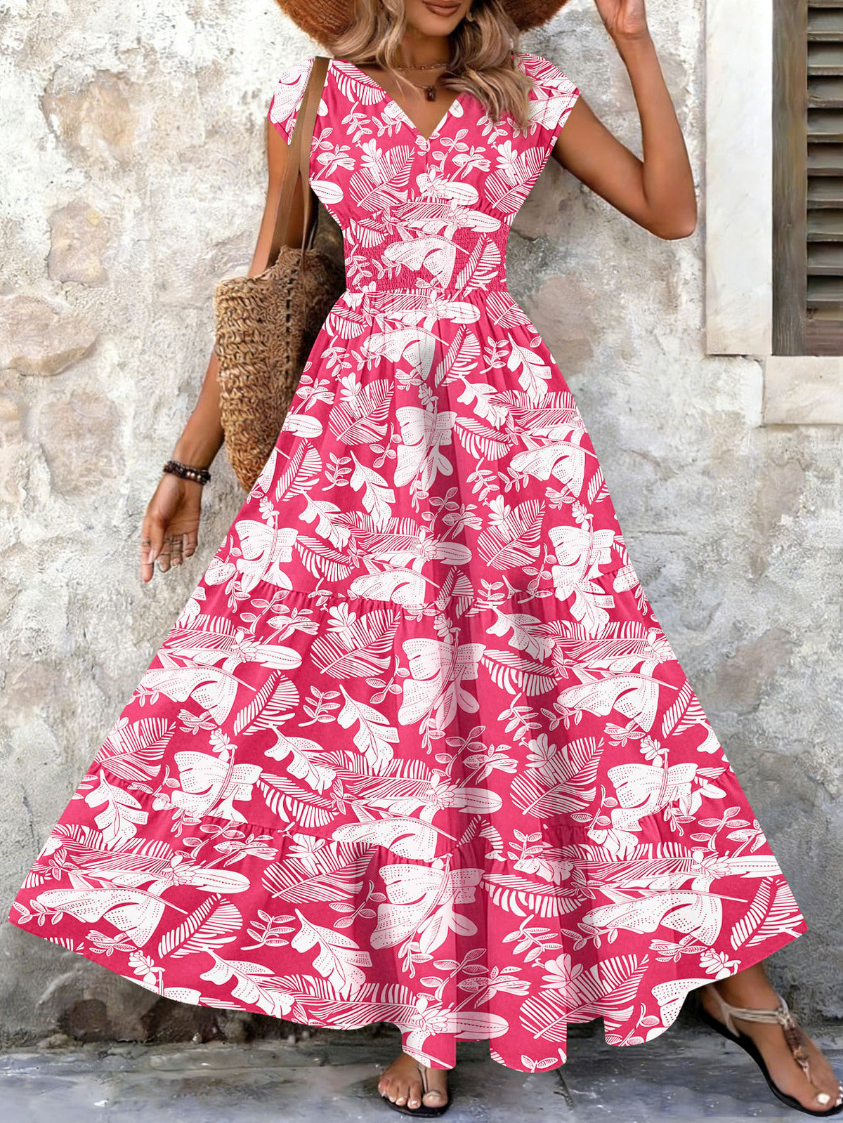 Women's Casual Boho Printed V-Neck Short Sleeve Loose Dress