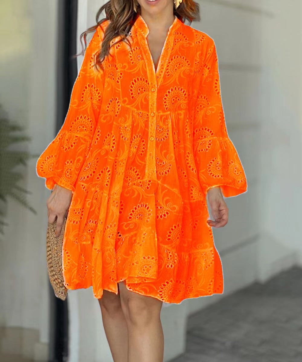 Women's Casual Cotton Princess Dress V-Neck Hollow Midi Dress