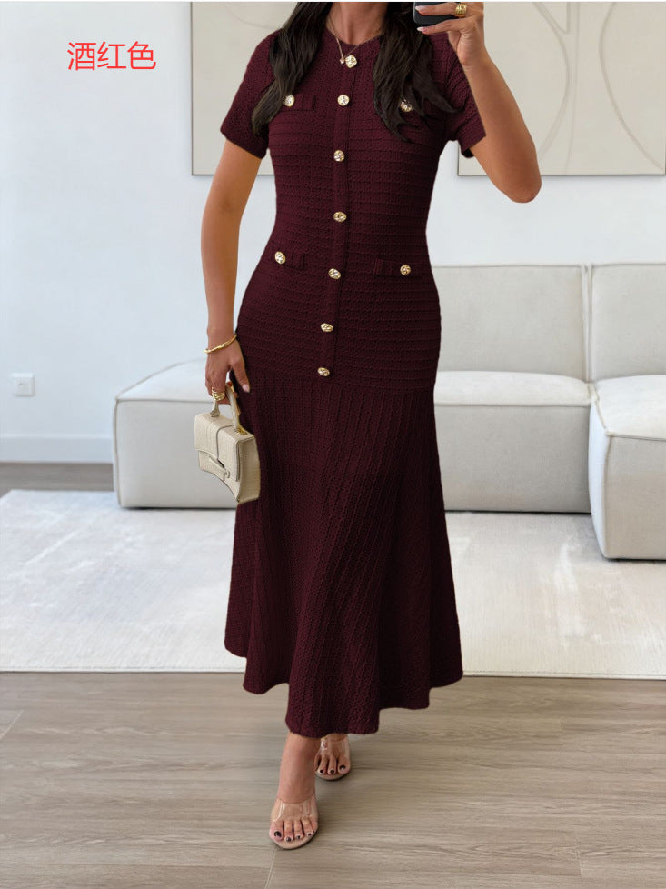 Women's Elegant Spring Solid Color Short Sleeve Tight Waist Metal Buckle Dress
