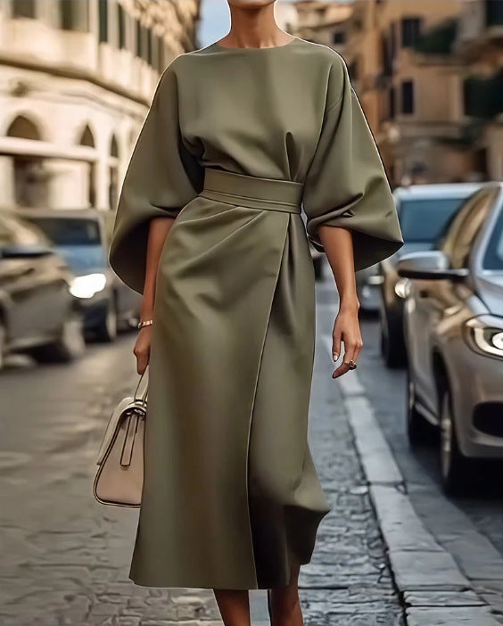 Women's Elegant Solid Color High Waist Bat Sleeve Dress