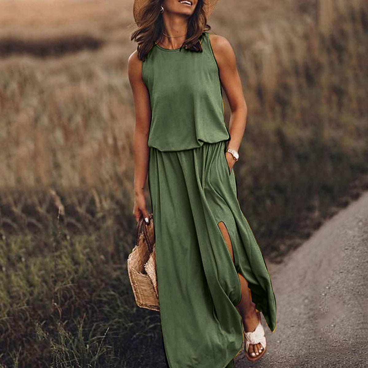 Women's Summer Casual Round Neck Sleeveless Side-Slit Solid Color Long Dress