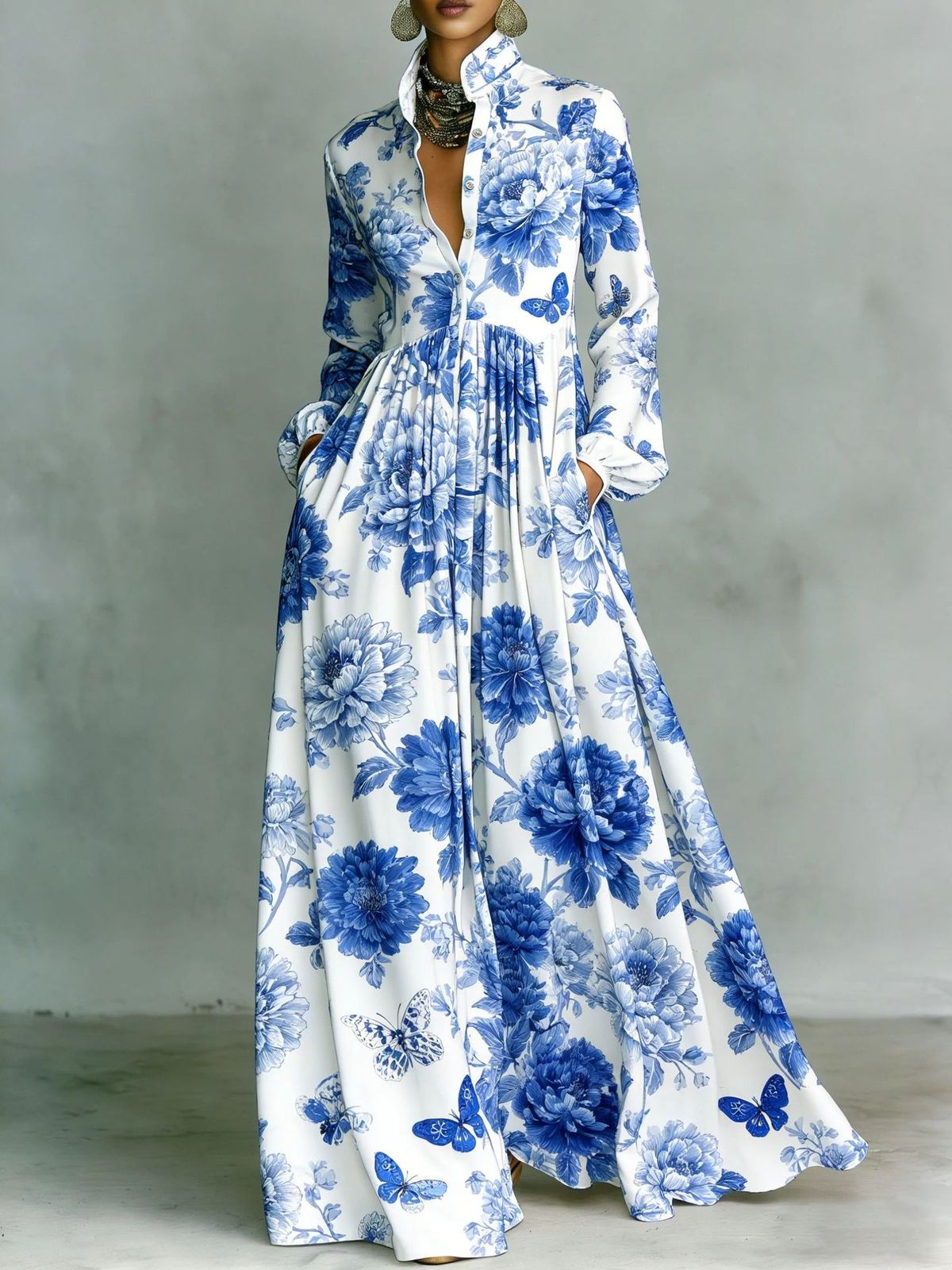 Women's Vacation Casual Elegant Printed Long Sleeve Single-Breasted Maxi Dress