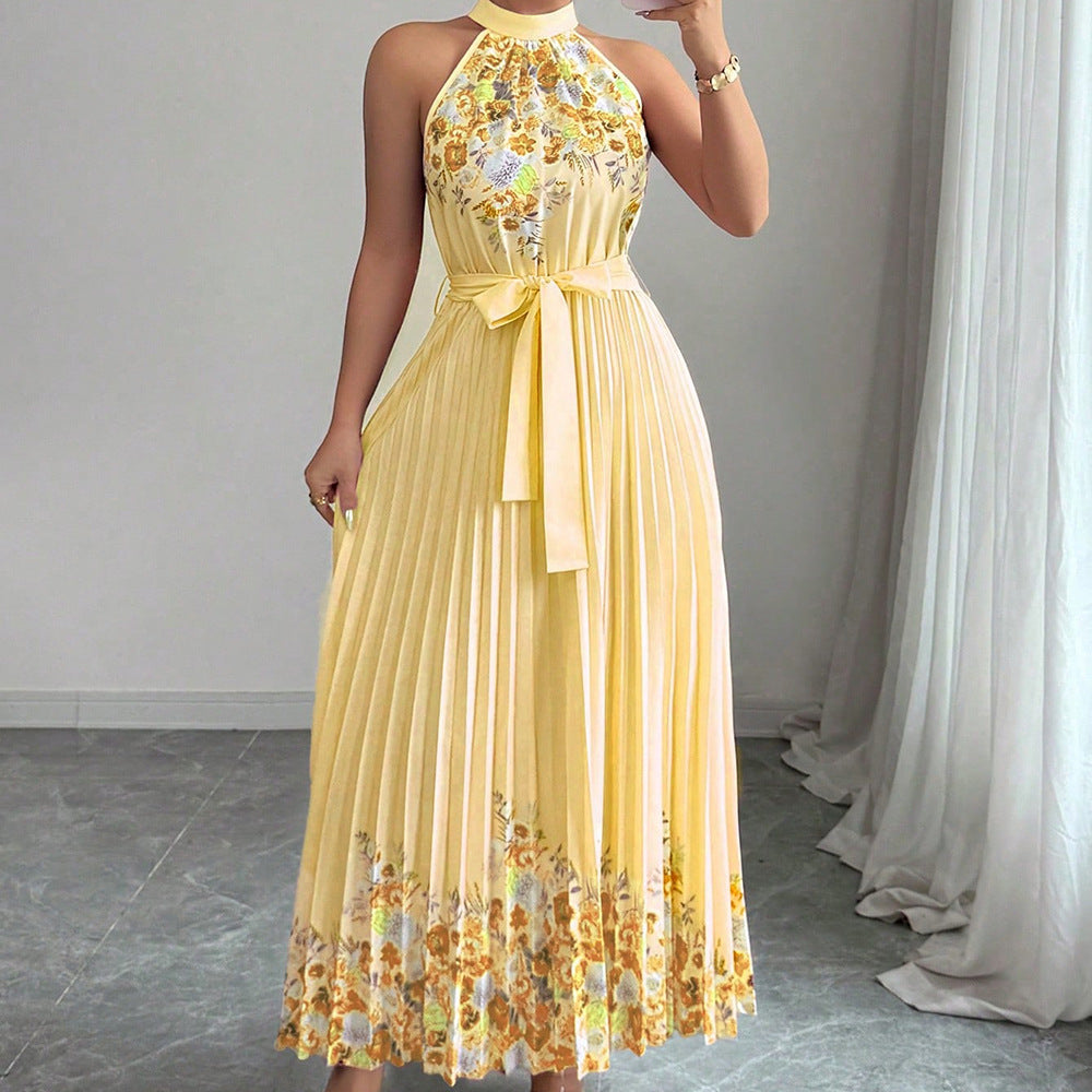 Women's Summer Flower Printed Halter-Neck Lace-Up Sleeveless Pleated Dress