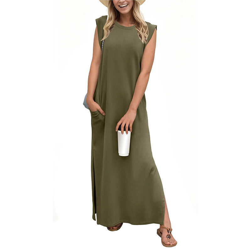 Women's Summer Casual Solid Color Sleeveless Maxi Dress, with Crewneck