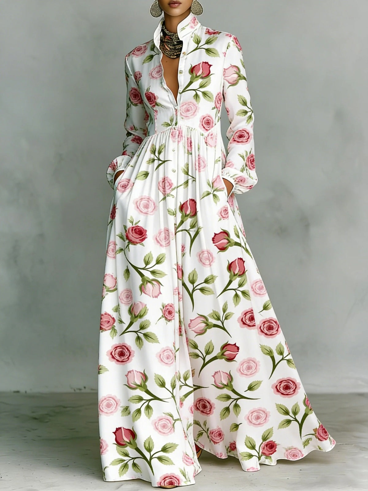 Women's Vacation Casual Elegant Printed Long Sleeve Single-Breasted Maxi Dress