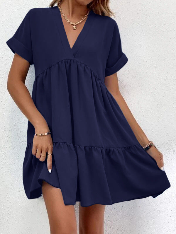 Women's Summer Casual V-Neck Short Sleeve Large Swing Dress