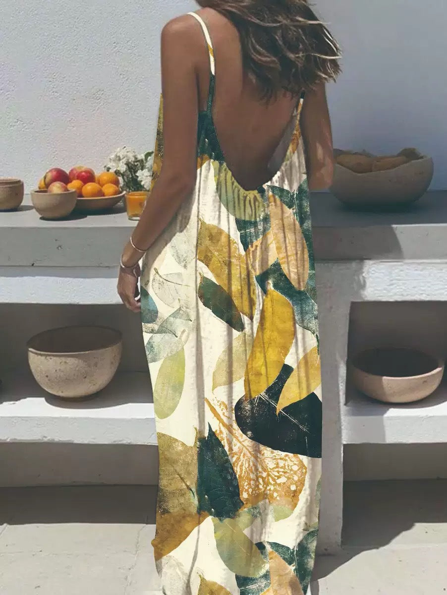 Women's Casual Print Loose Strap Maxi Dress
