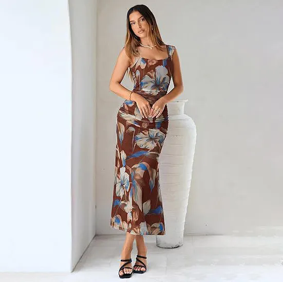Women's Sexy Summer Flower Printed Sleeveless Backless Dress