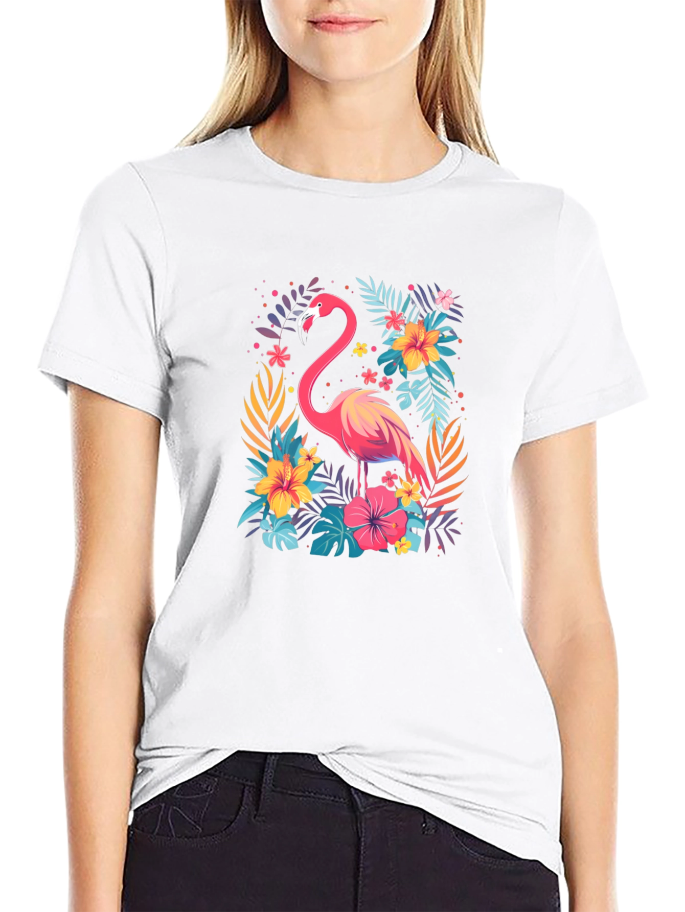 Tropical Flamingo Graphic Tee - Stylish Black T-Shirt