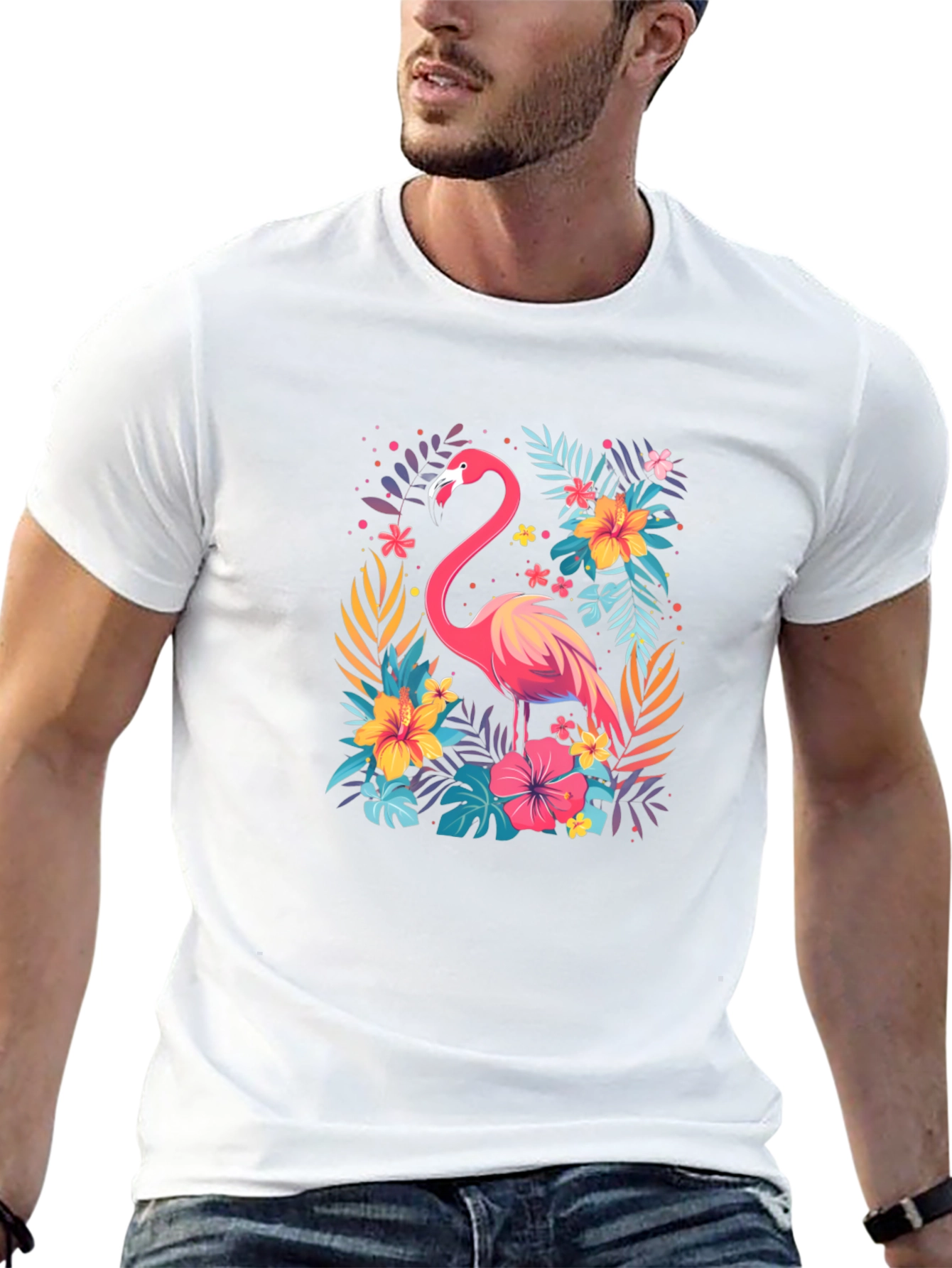 Tropical Flamingo Graphic Tee - Stylish Black T-Shirt