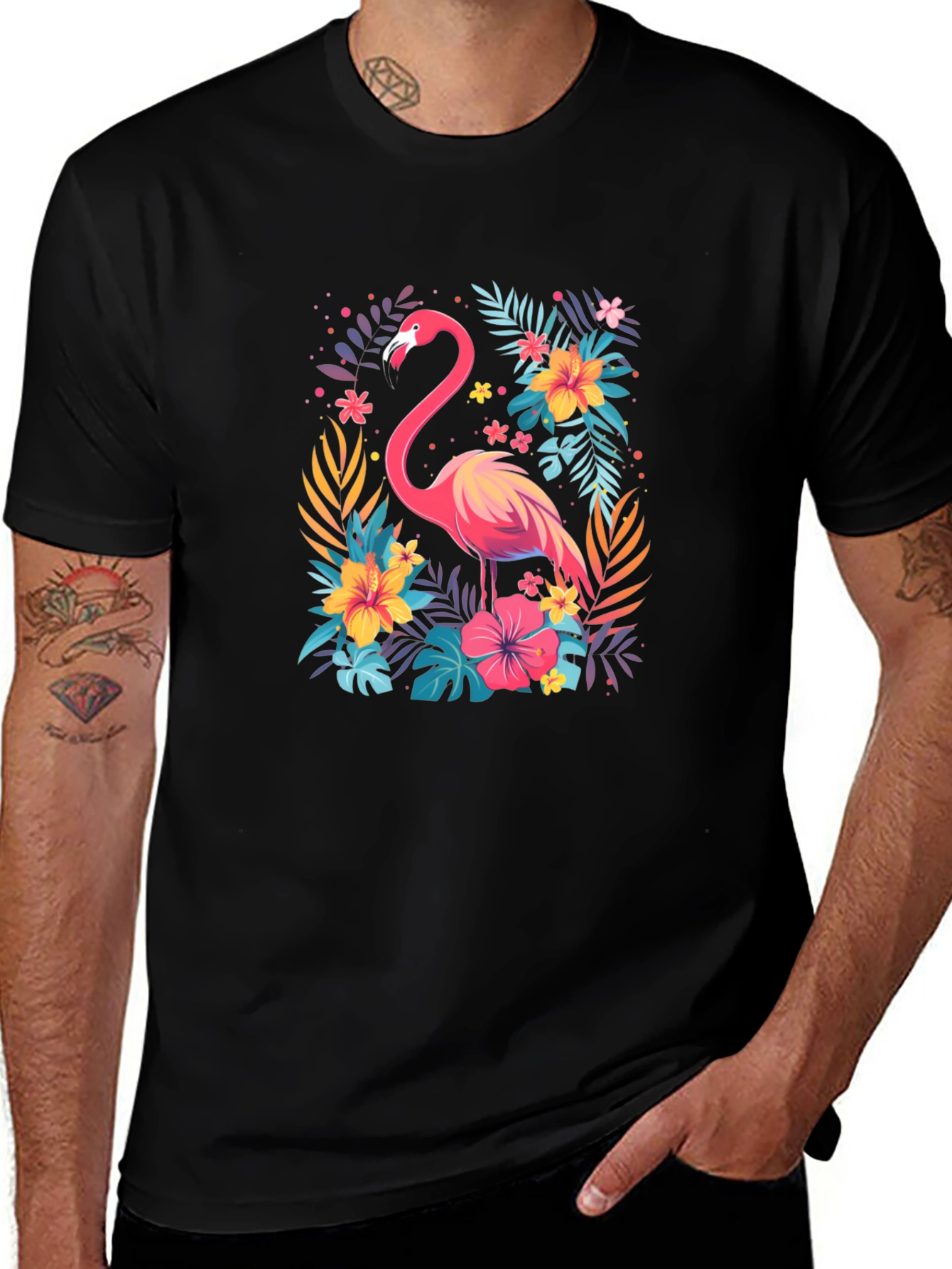 Tropical Flamingo Graphic Tee - Stylish Black T-Shirt
