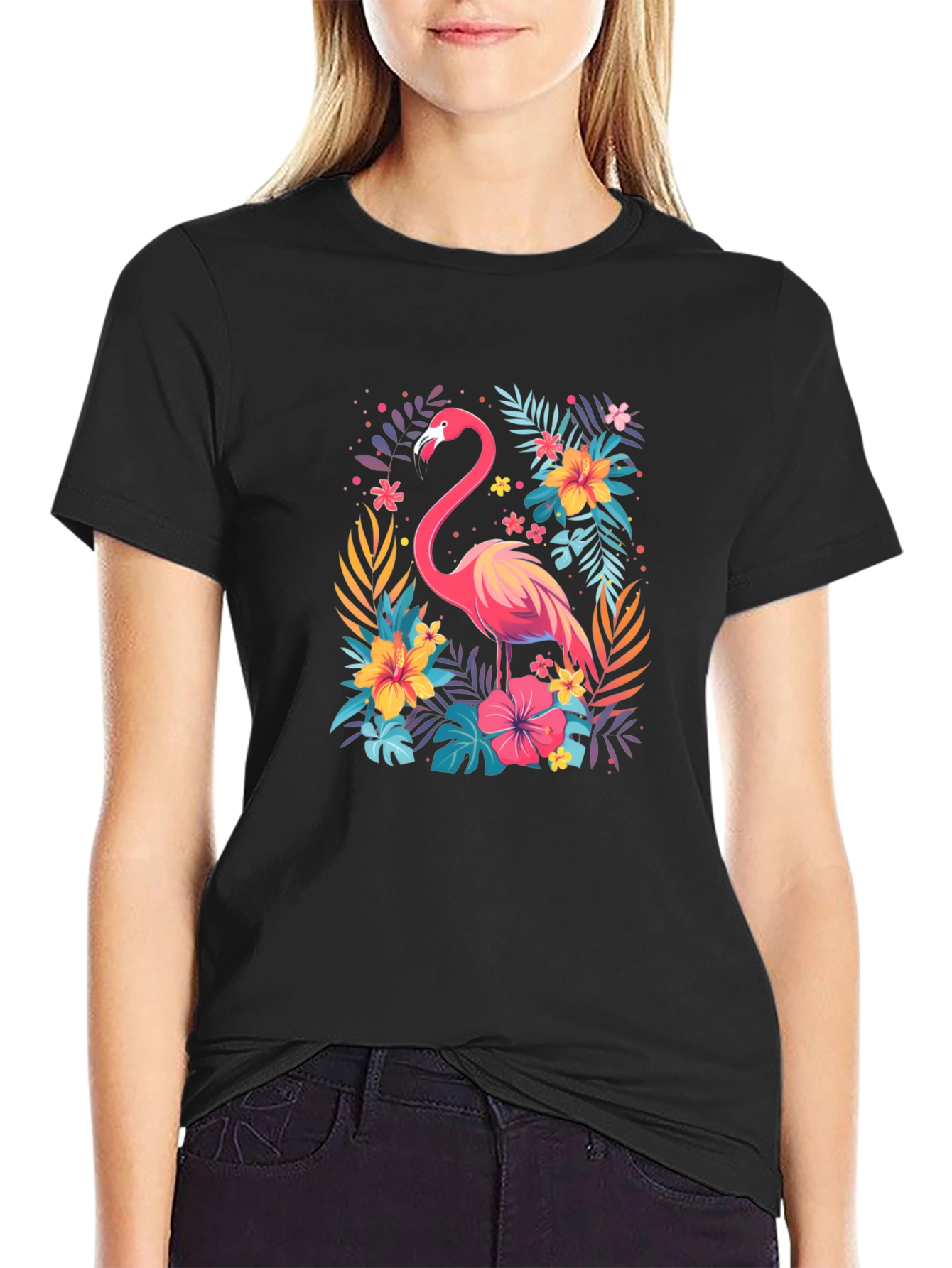 Tropical Flamingo Graphic Tee - Stylish Black T-Shirt