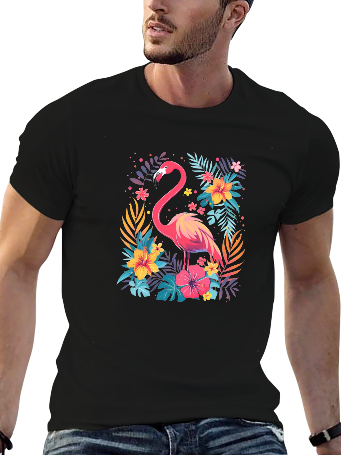 Tropical Flamingo Graphic Tee - Stylish Black T-Shirt