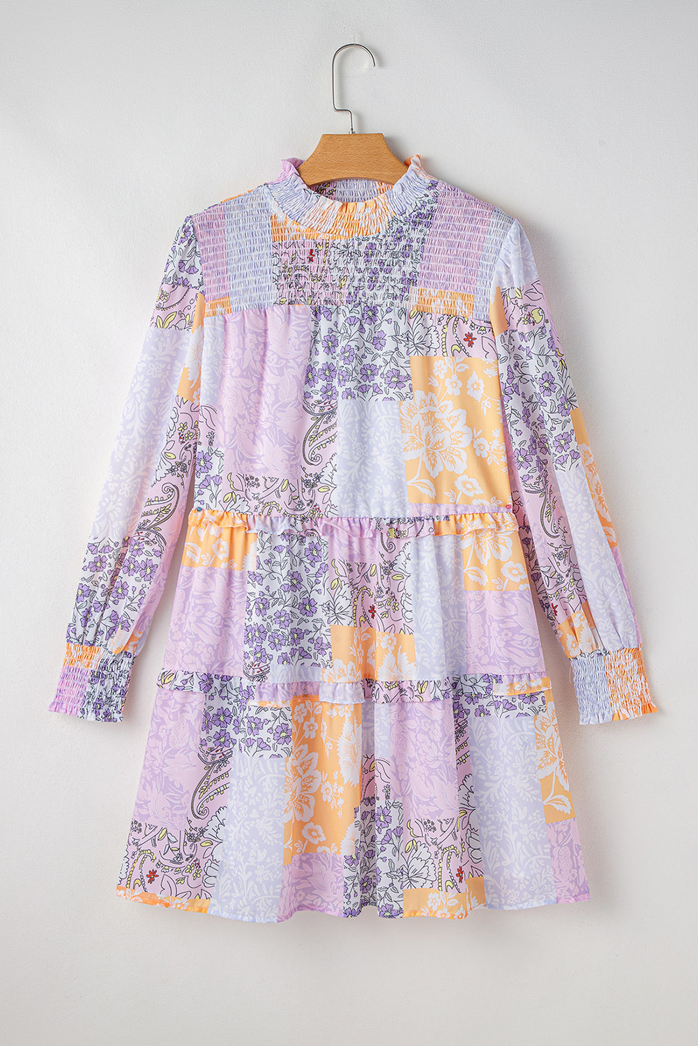 Multicolour Floral Smocked Mock Neck Ruffled Tiered Bubble Sleeve Dress