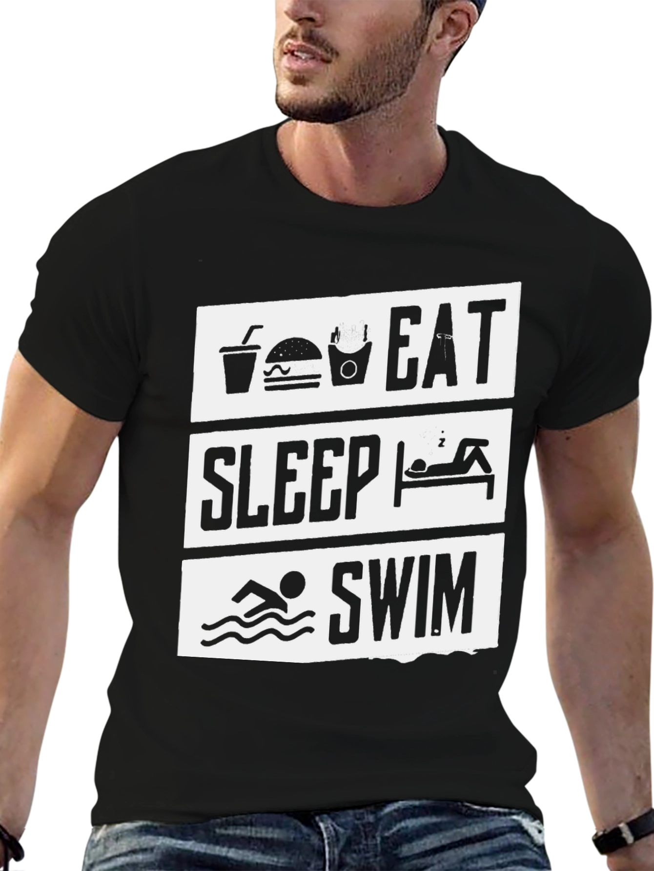 Eat Sleep Swim Graphic Tee - Black Cotton T-Shirt