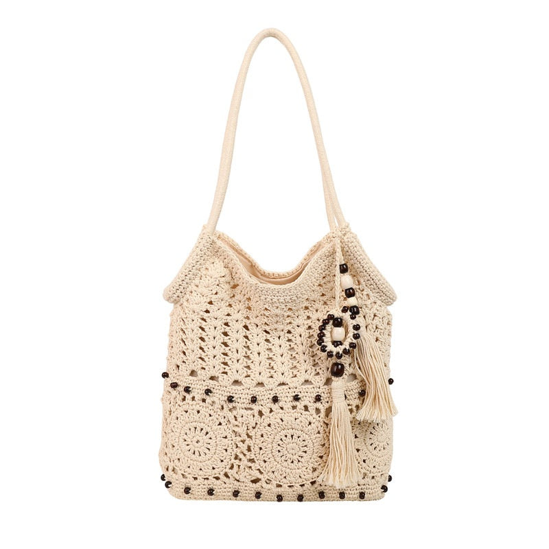Chic Large Capacity Knitted Beach Tote with Tassel Design