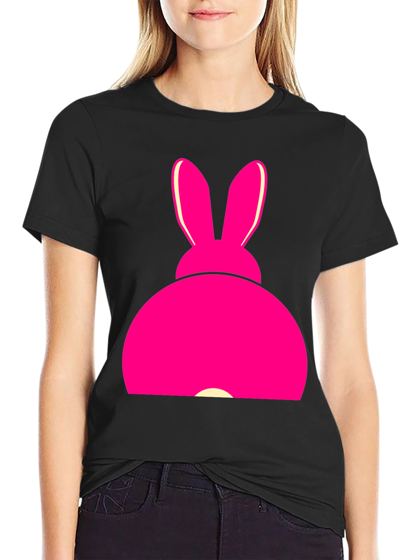 Pink Bunny Graphic Tee - Black Cotton T-Shirt