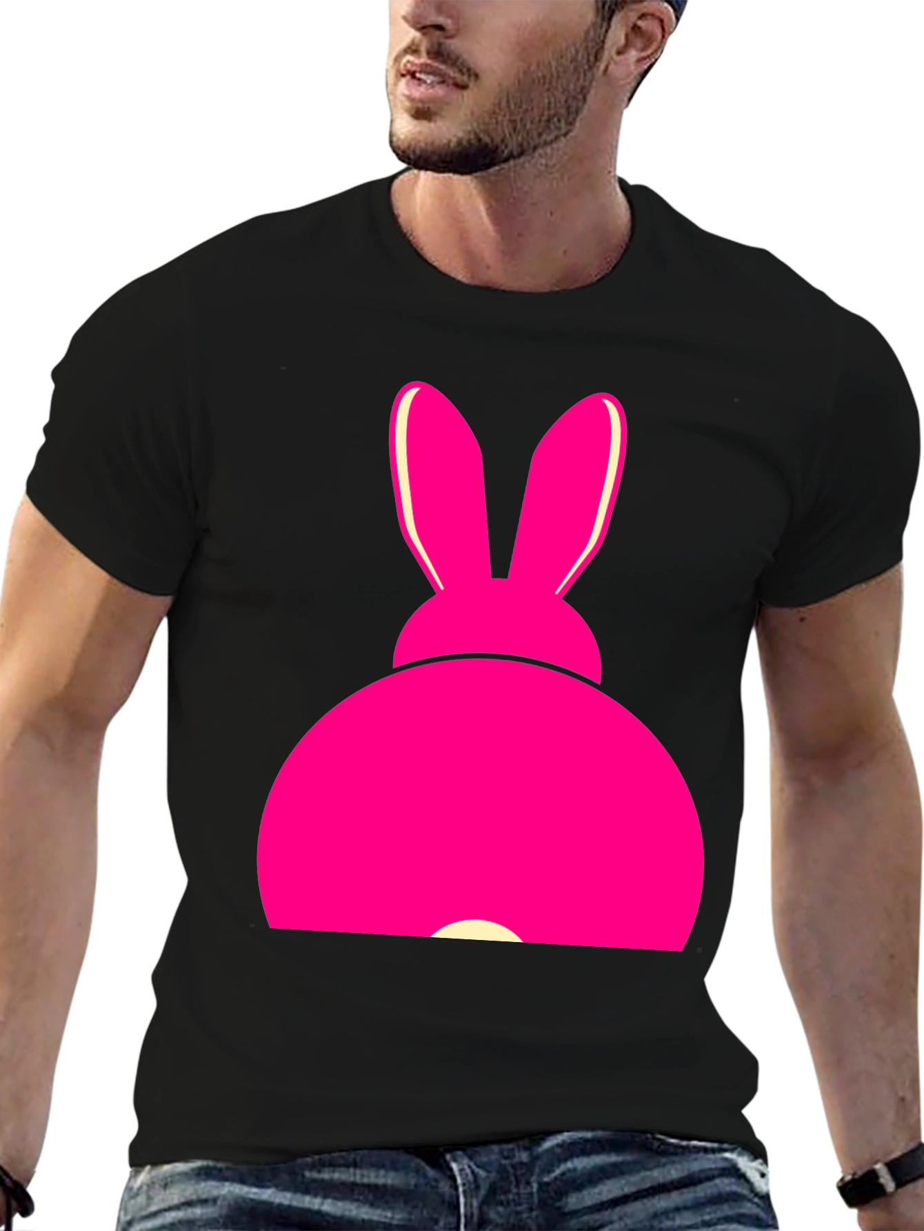 Pink Bunny Graphic Tee - Black Cotton T-Shirt
